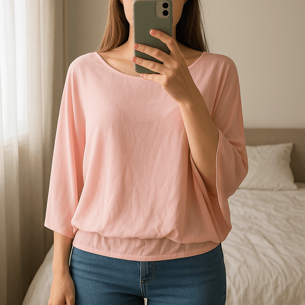 Una persona con Blusa gasa de pie, mirando a la cámara, con tipo de cuerpo delgado, en un dormitorio con luz suave y natural filtrándose por la ventana.