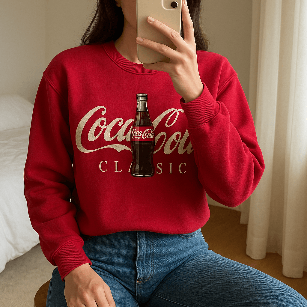 Una persona con Sudadera Coca-Cola Stradivarius sentado en una silla alta, con postura relajada, con tipo de cuerpo delgado, en un dormitorio con luz suave y natural filtrándose por la ventana.