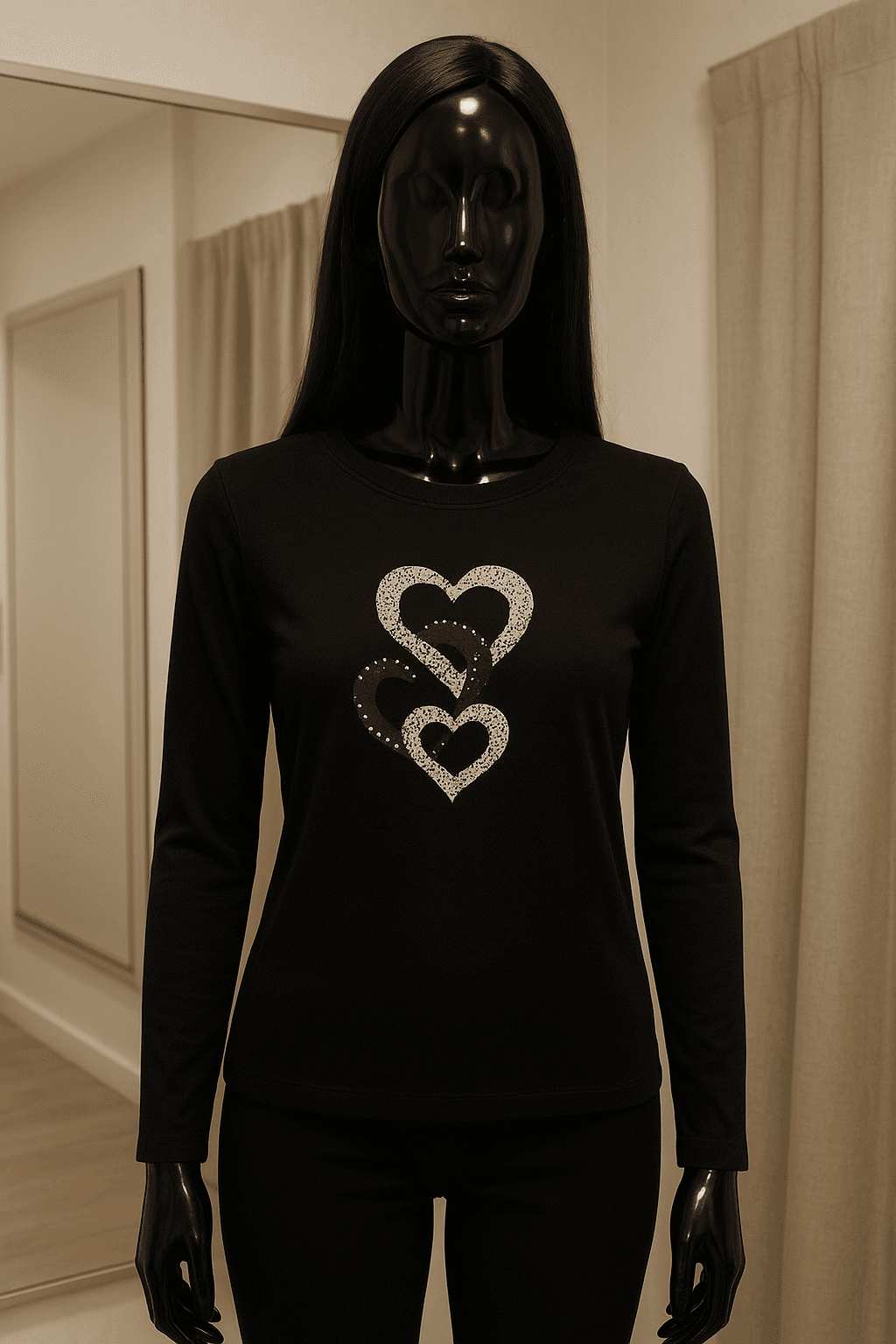 eine glänzende schwarze Kunststoffpuppe ohne Gesichtszüge in Longsleeve schwarz aufrecht stehend, der Kamera zugewandt, mit schlanker Figur, in einer Umkleidekabine im Boutiquenstil mit Spiegel und neutralem Dekor.