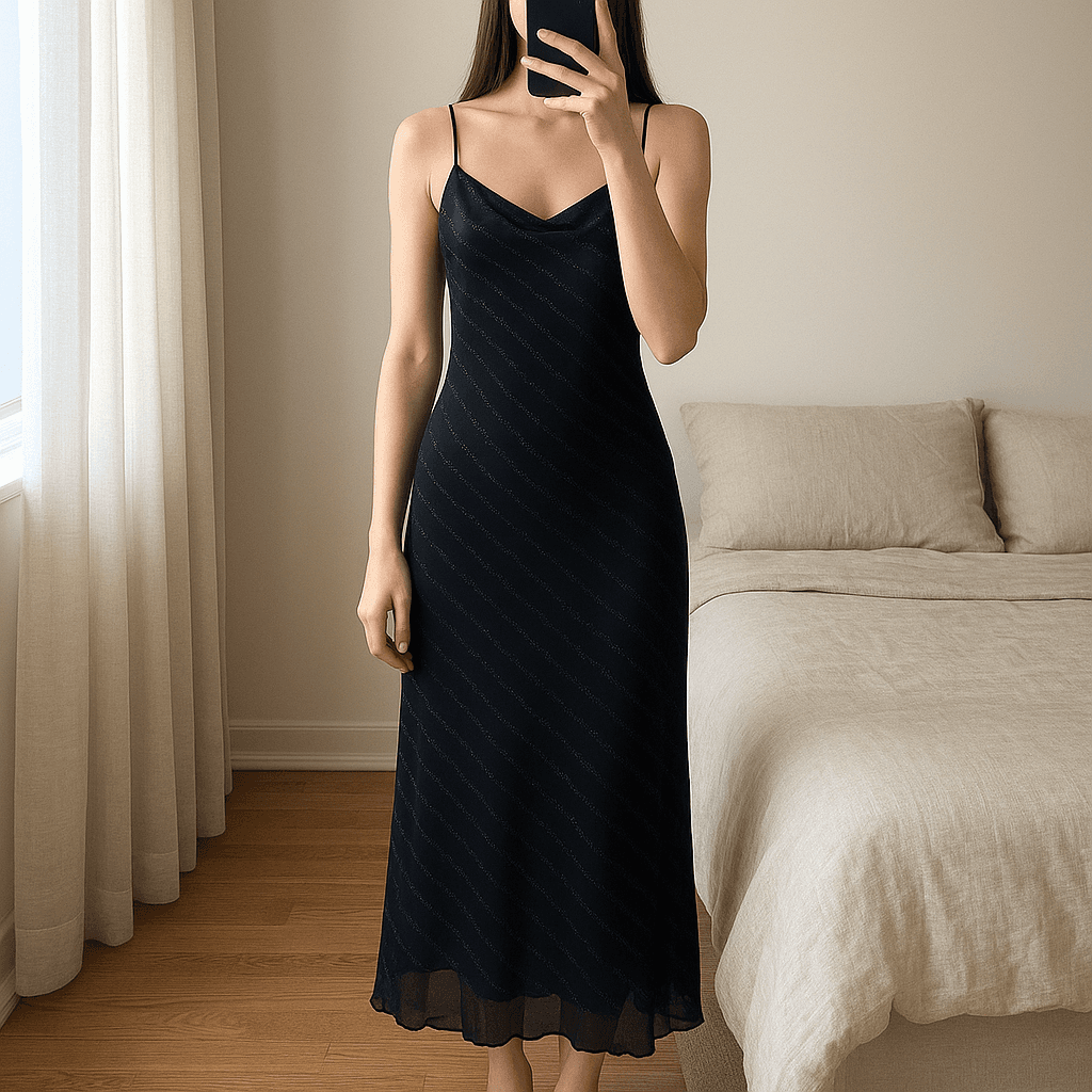 Vestido corto negro elegante de pie, mirando a la cámara, en un dormitorio con luz suave y natural filtrándose por la ventana.
