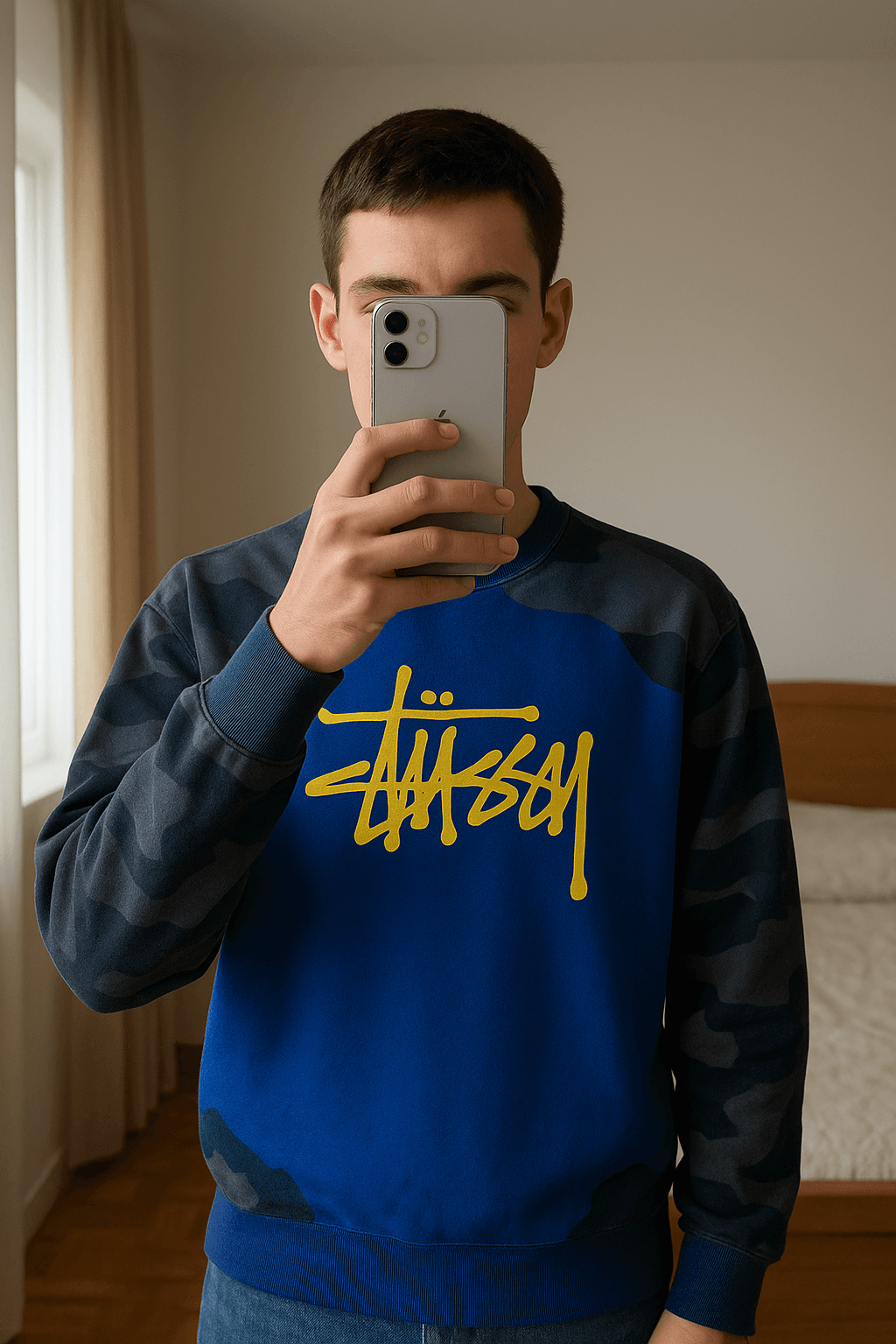 Stüssy Sweatshirt em pé, de frente para a câmera, em um quarto com iluminação suave e luz natural filtrando pela janela.
