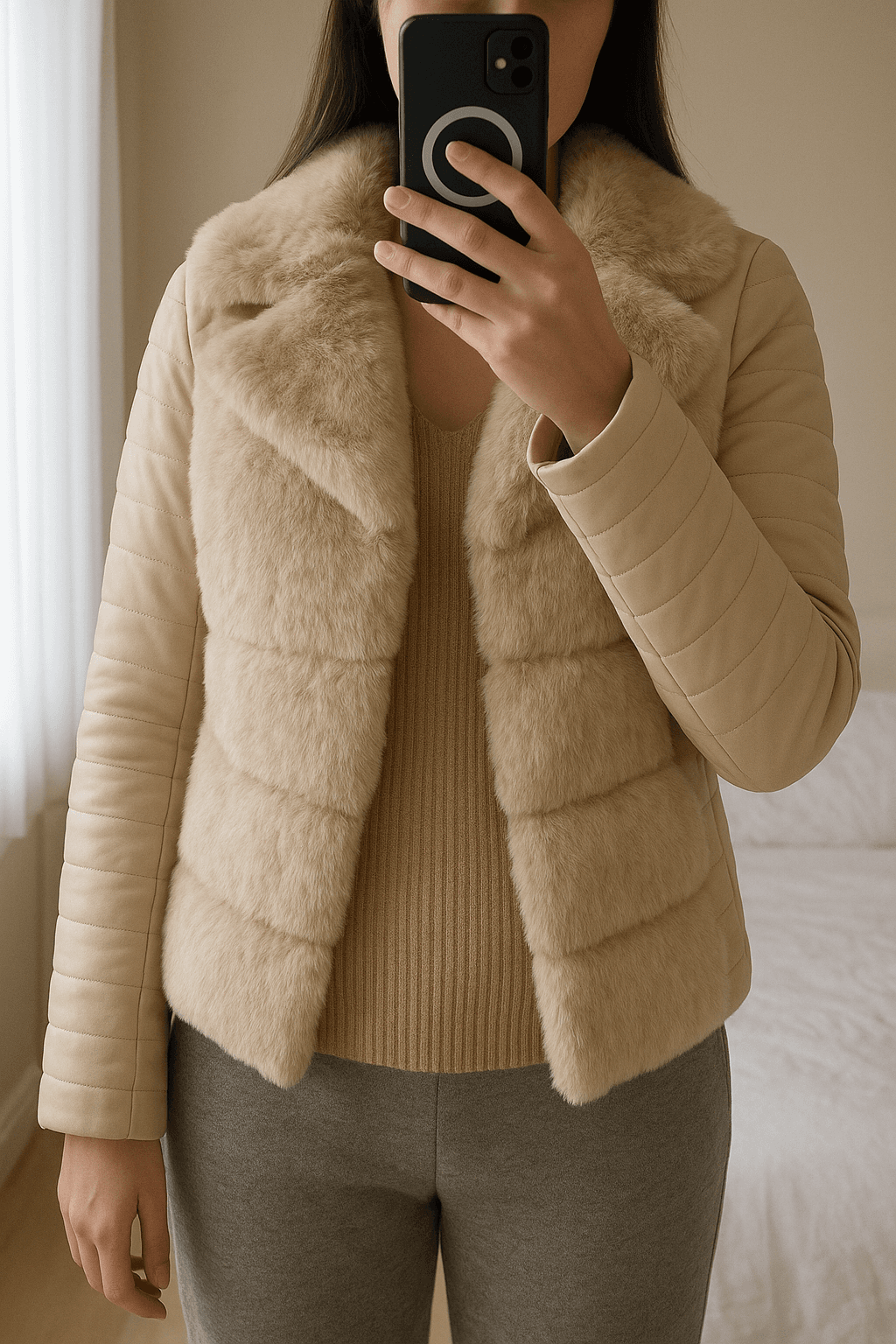 Giorgia Cremebeige Jacke aufrecht stehend, der Kamera zugewandt, in einem sanft beleuchteten Schlafzimmer, mit natürlichem Licht, das durch ein Fenster fällt.