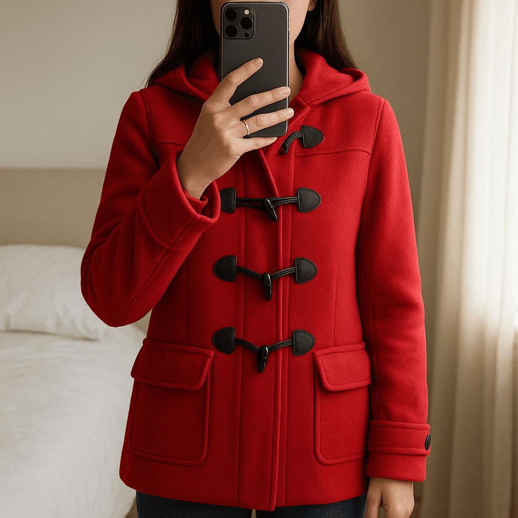 Sobretudo da Tommy Hilfiger em pé, de frente para a câmera, em um quarto com iluminação suave e luz natural filtrando pela janela.