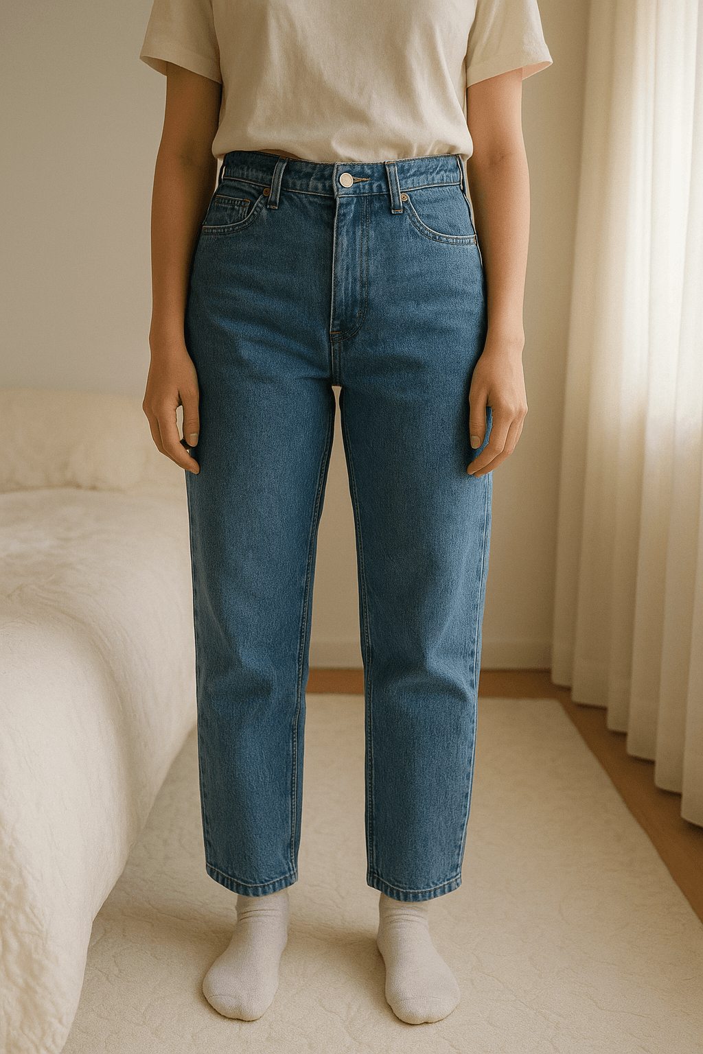 Calças de ganga oversize com cinto de ganga em pé, de frente para a câmera, em um quarto com iluminação suave e luz natural filtrando pela janela.