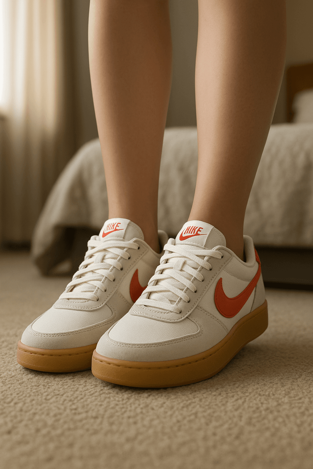 Nike Sneaker Field General in Elfenbein aufrecht stehend, der Kamera zugewandt, in einem sanft beleuchteten Schlafzimmer, mit natürlichem Licht, das durch ein Fenster fällt.