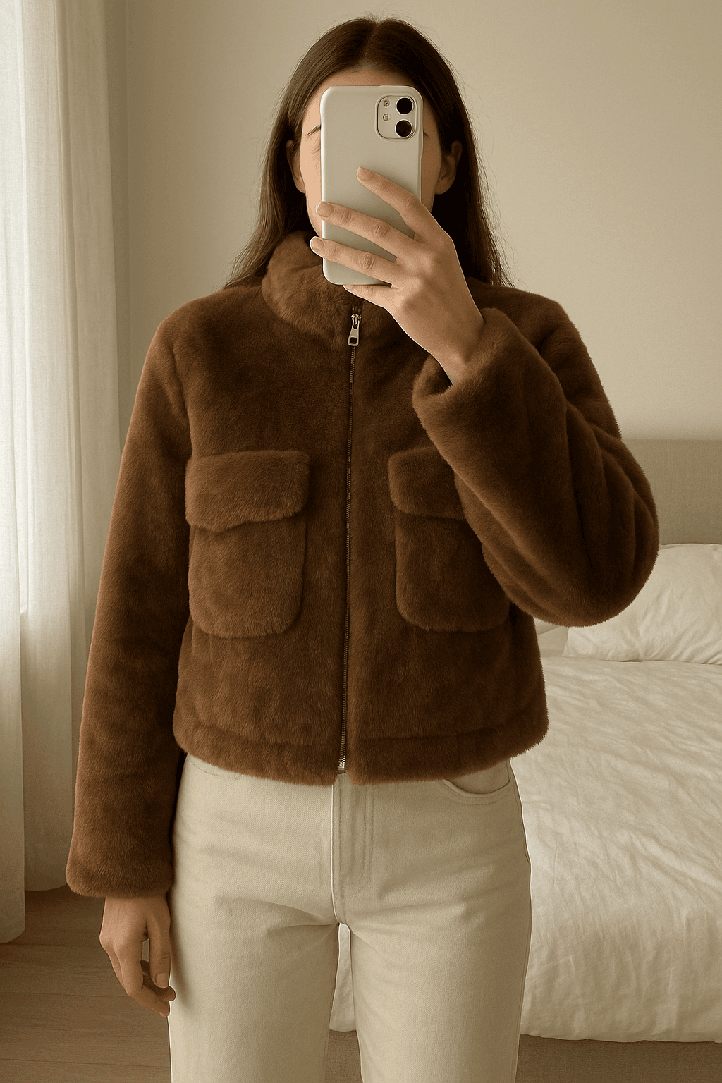 Super stylische felljacke in Größe 38 bis 40 von Oz Neupreis 369 aufrecht stehend, der Kamera zugewandt, in einem sanft beleuchteten Schlafzimmer, mit natürlichem Licht, das durch ein Fenster fällt.