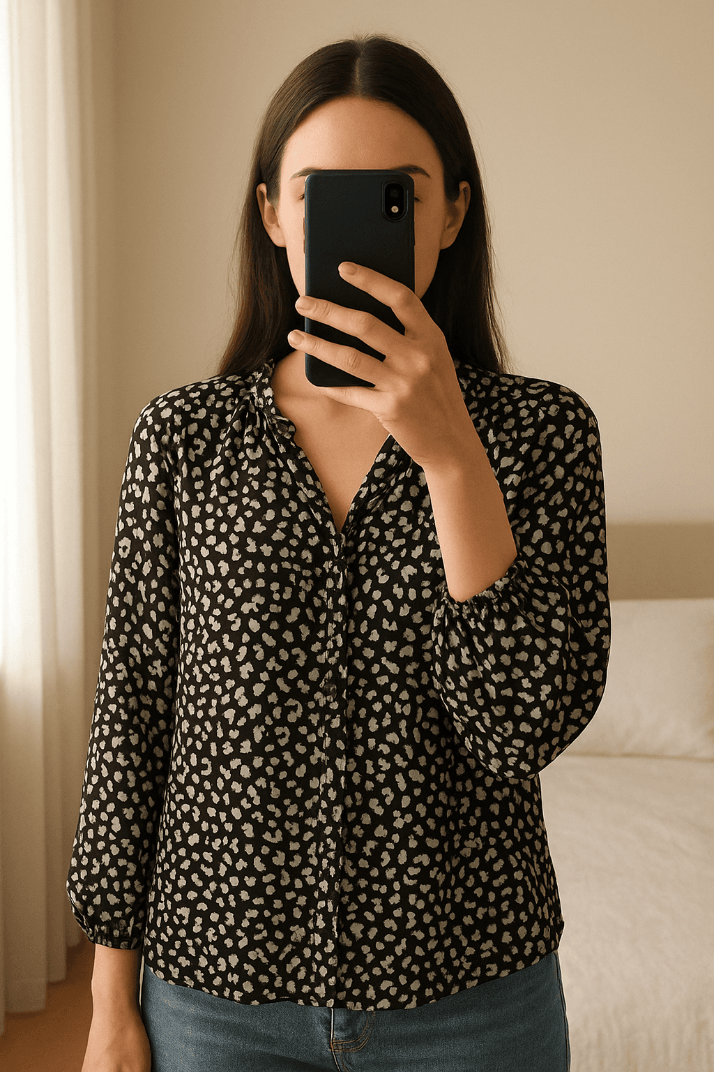 Jolie blouse Kookaï motif léopard aufrecht stehend, der Kamera zugewandt, in einem sanft beleuchteten Schlafzimmer, mit natürlichem Licht, das durch ein Fenster fällt.