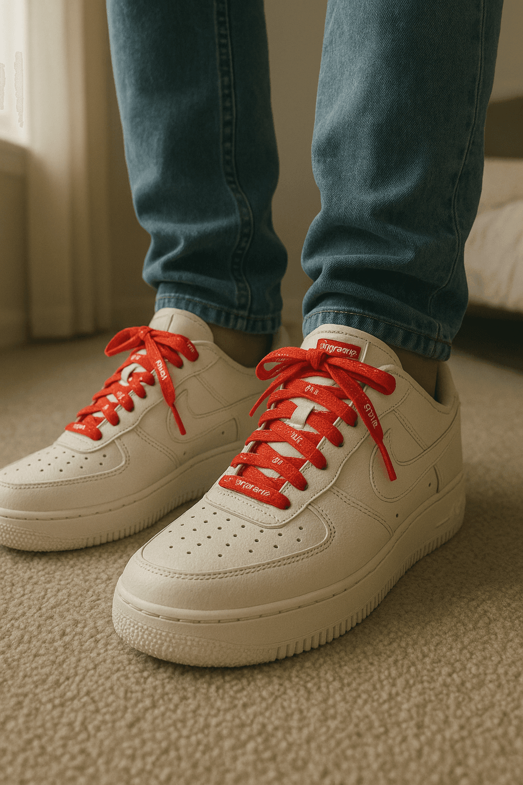 Nike Air Force 1 x Supreme em pé, de frente para a câmera, em um quarto com iluminação suave e luz natural filtrando pela janela.