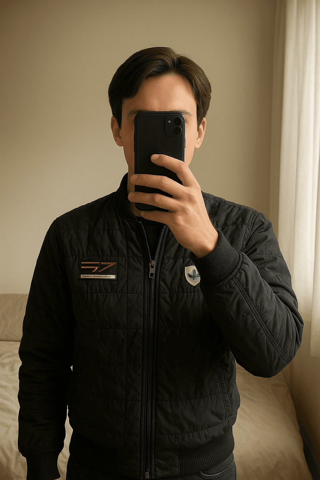 Adidas Originals Bomberjacke „Porsche 917“, Größe 2xtg (XL-XXL) aufrecht stehend, der Kamera zugewandt, in einem sanft beleuchteten Schlafzimmer, mit natürlichem Licht, das durch ein Fenster fällt.