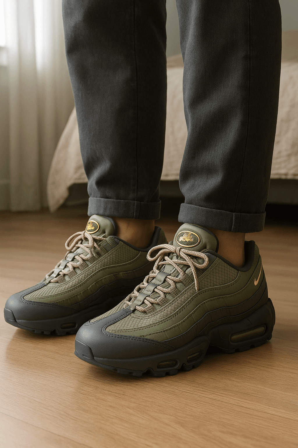 Zapatillas Nike Air Max 95 x Corteiz Verde Militar de pie, mirando a la cámara, en un dormitorio con luz suave y natural filtrándose por la ventana.