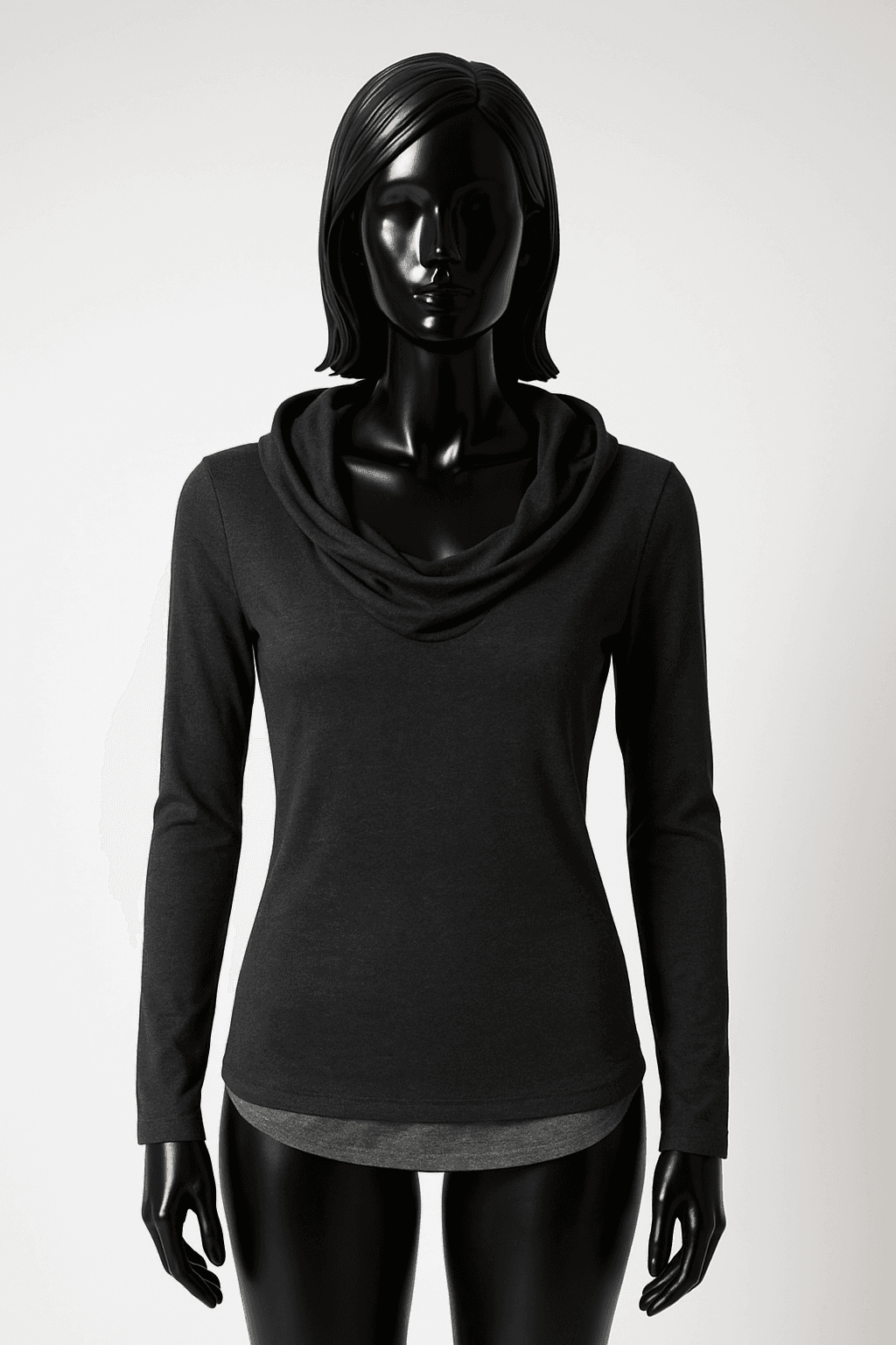 eine glänzende schwarze Kunststoffpuppe ohne Gesichtszüge in Graues Longsleeve aufrecht stehend, der Kamera zugewandt, mit schlanker Figur, in einem sauberen Fotostudio mit nahtlosem weißen Hintergrund und Softbox-Beleuchtung.