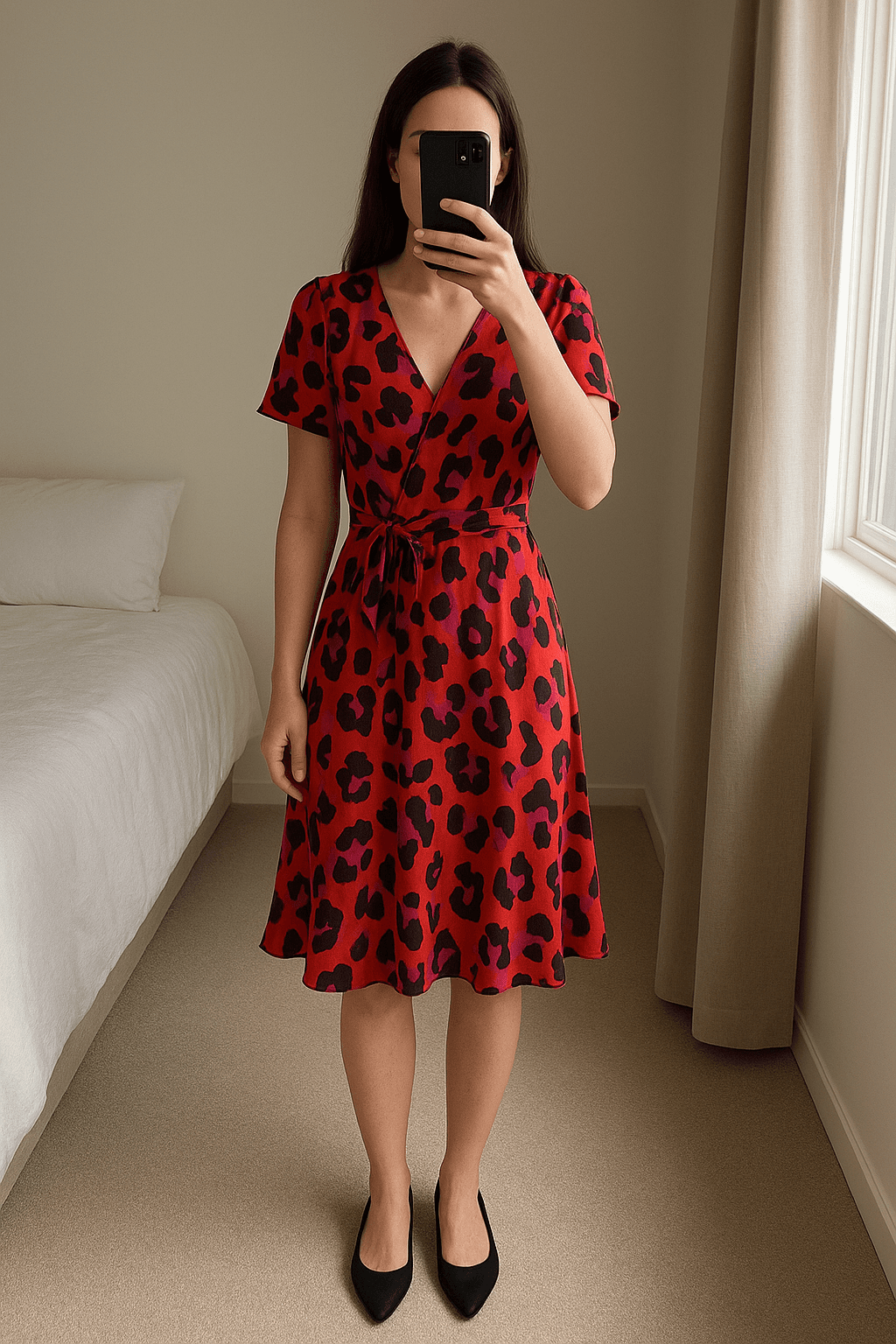 Vestido tigresa em pé, de frente para a câmera, em um quarto com iluminação suave e luz natural filtrando pela janela.