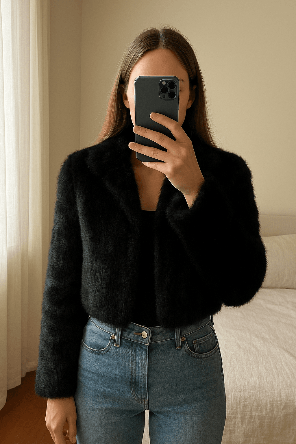 Casaco reversivel de pelo e pele mango e jen ceballos colab em pé, de frente para a câmera, em um quarto com iluminação suave e luz natural filtrando pela janela.