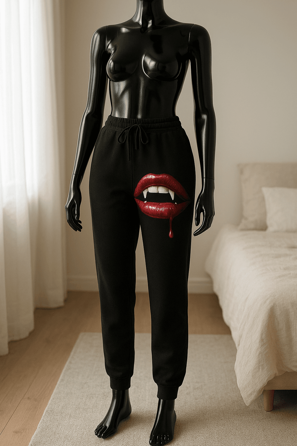 eine glänzende schwarze Kunststoffpuppe ohne Gesichtszüge in Top corto schwarz EMP aufrecht stehend, der Kamera zugewandt, mit schlanker Figur, in einem sanft beleuchteten Schlafzimmer, mit natürlichem Licht, das durch ein Fenster fällt.