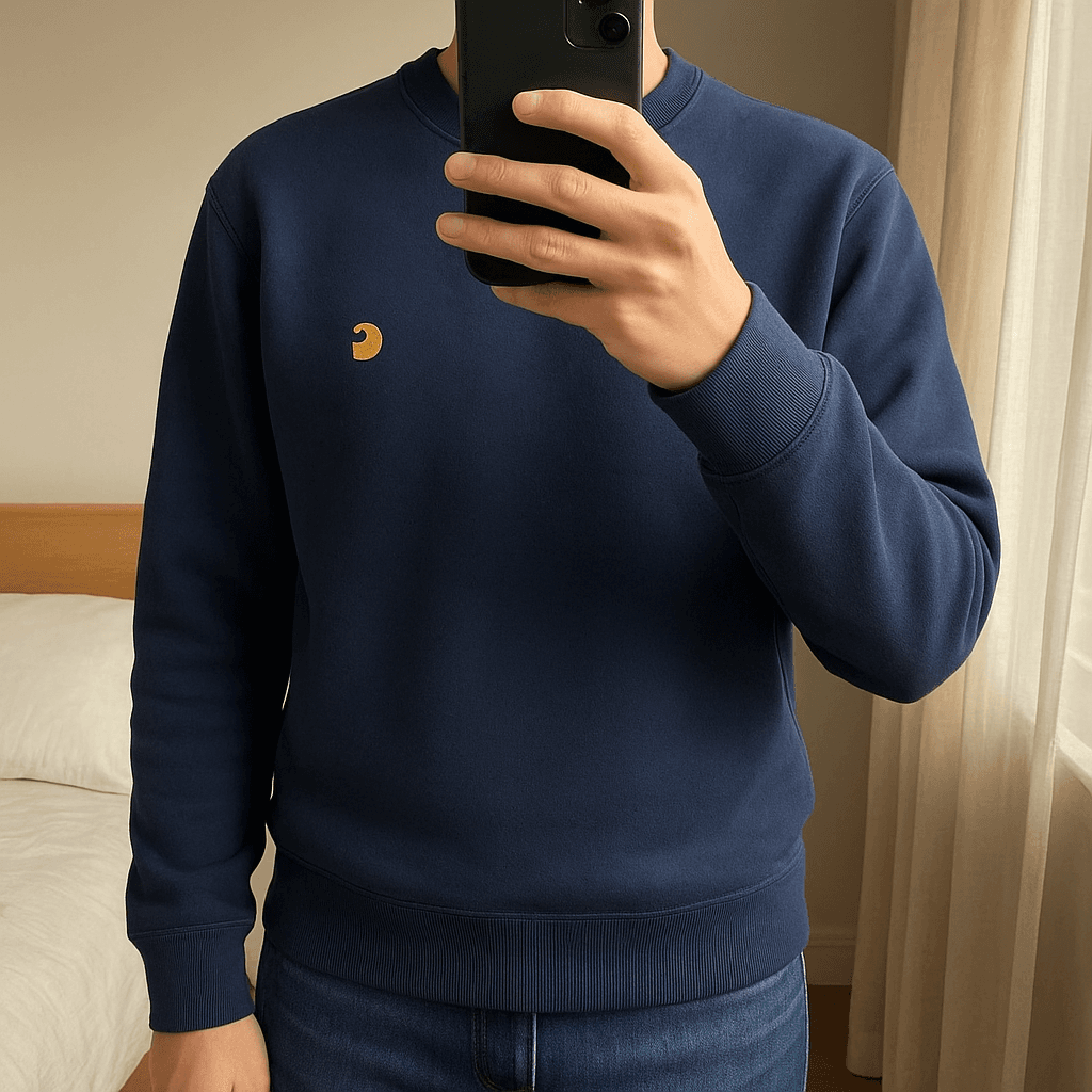 Sudadera carhartt de pie, mirando a la cámara, en un dormitorio con luz suave y natural filtrándose por la ventana.