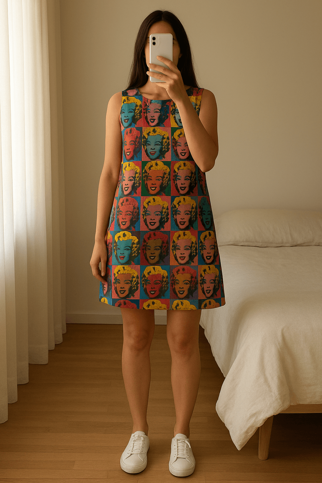 Andy Warhol x Pepe Jeans London silk dress – Marilyn Monroe print Size S em pé, de frente para a câmera, em um quarto com iluminação suave e luz natural filtrando pela janela.