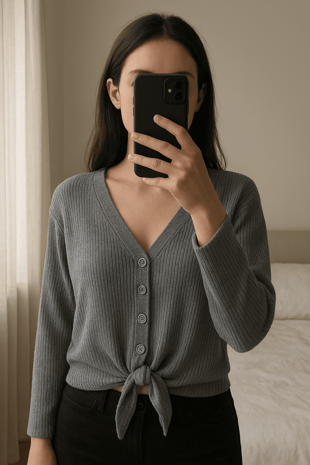 Crop jumper em pé, de frente para a câmera, em um quarto com iluminação suave e luz natural filtrando pela janela.