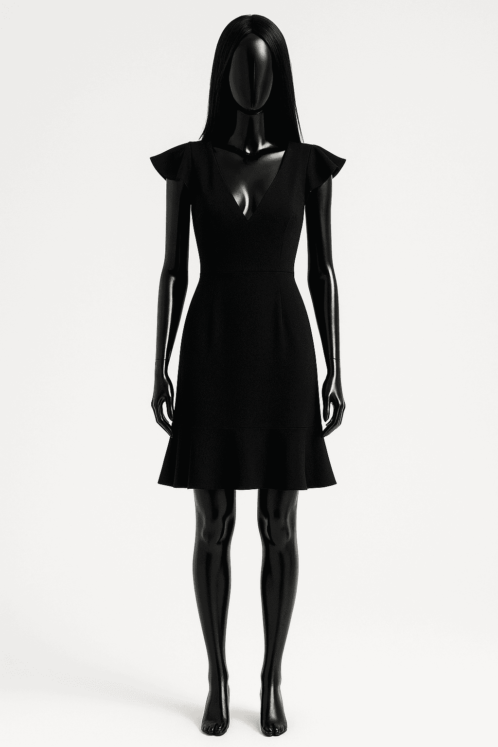 eine glänzende schwarze Kunststoffpuppe ohne Gesichtszüge in Elegantes Kleid schwarz aufrecht stehend, der Kamera zugewandt, mit schlanker Figur, in einem sauberen Fotostudio mit nahtlosem weißen Hintergrund und Softbox-Beleuchtung.
