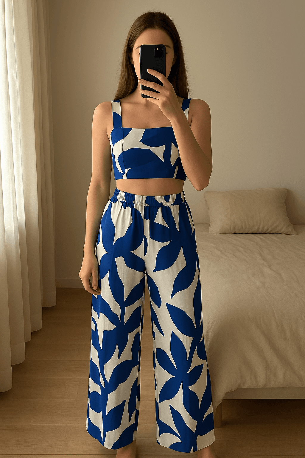 Cojunto top falda 38 flores azul blanco verano ensemble top et jupe longue fleurs de pie, mirando a la cámara, en un dormitorio con luz suave y natural filtrándose por la ventana.