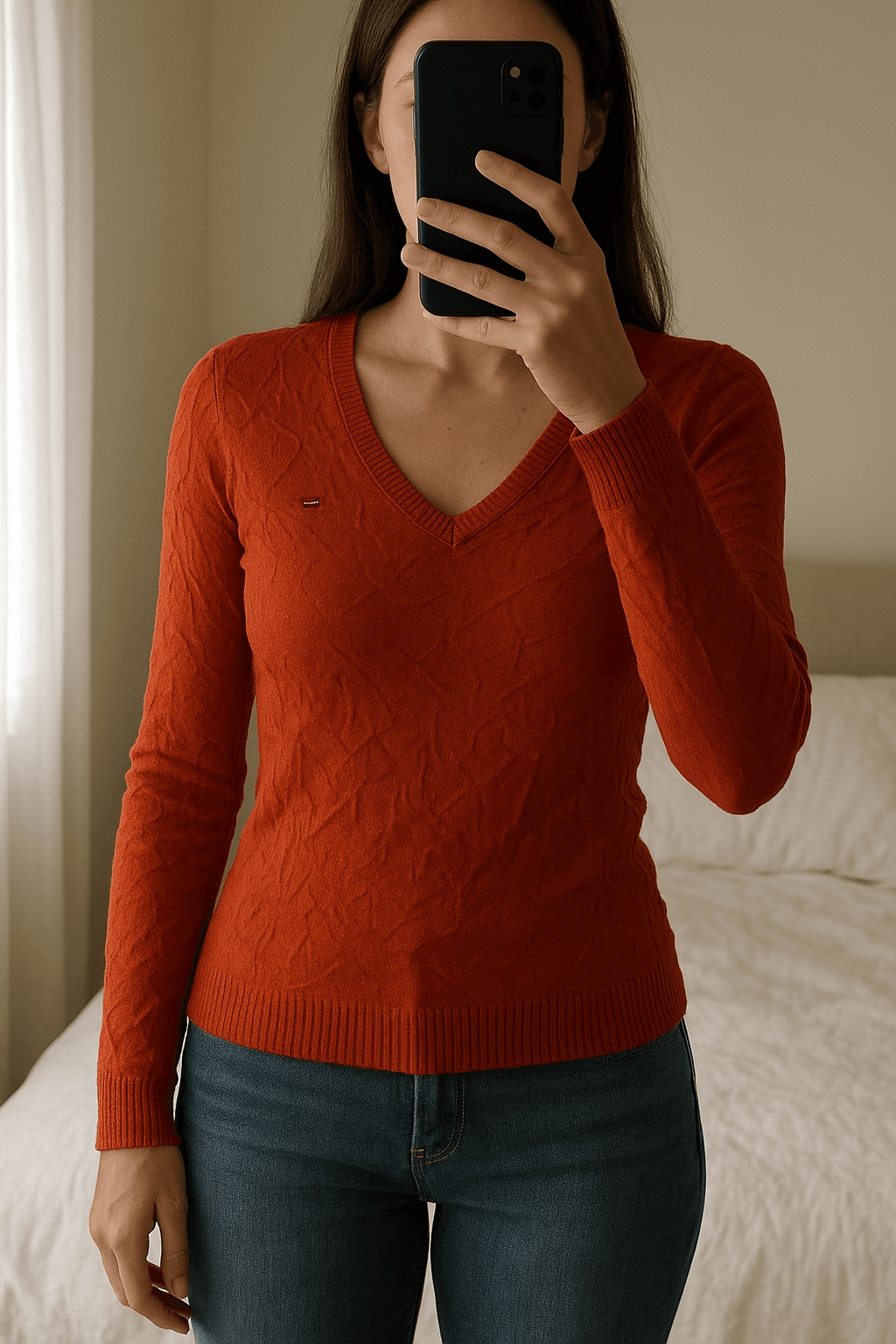 Tommy Hilfiger jumper de pie, mirando a la cámara, en un dormitorio con luz suave y natural filtrándose por la ventana.