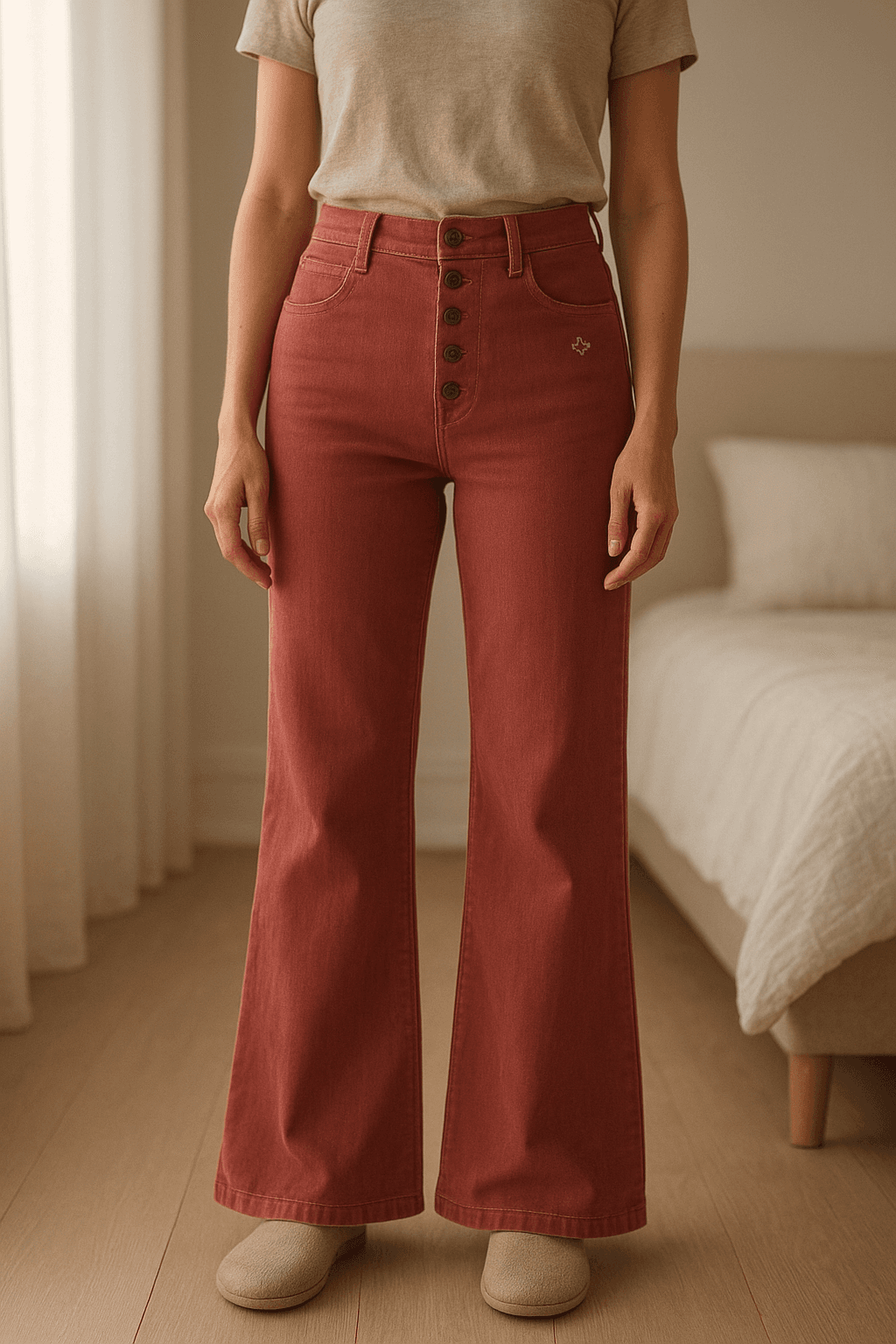 Calças Noon mulher castanho tam 36 em pé, de frente para a câmera, em um quarto com iluminação suave e luz natural filtrando pela janela.