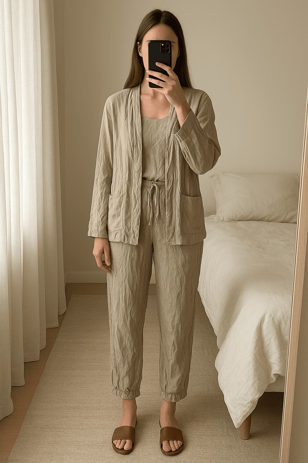 Ensemble kimono zara de pie, mirando a la cámara, en un dormitorio con luz suave y natural filtrándose por la ventana.