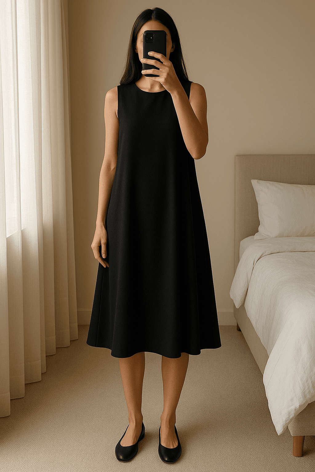 Robe courte de pie, mirando a la cámara, en un dormitorio con luz suave y natural filtrándose por la ventana.