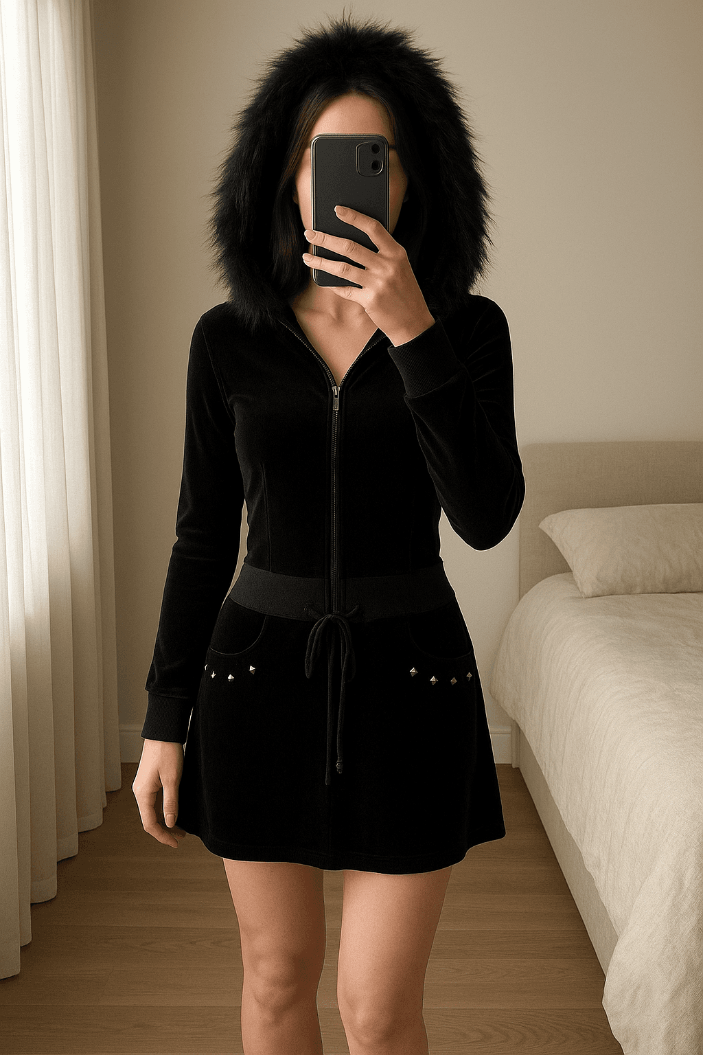 Gothic schwarzes Samtkleid aufrecht stehend, der Kamera zugewandt, in einem sanft beleuchteten Schlafzimmer, mit natürlichem Licht, das durch ein Fenster fällt.