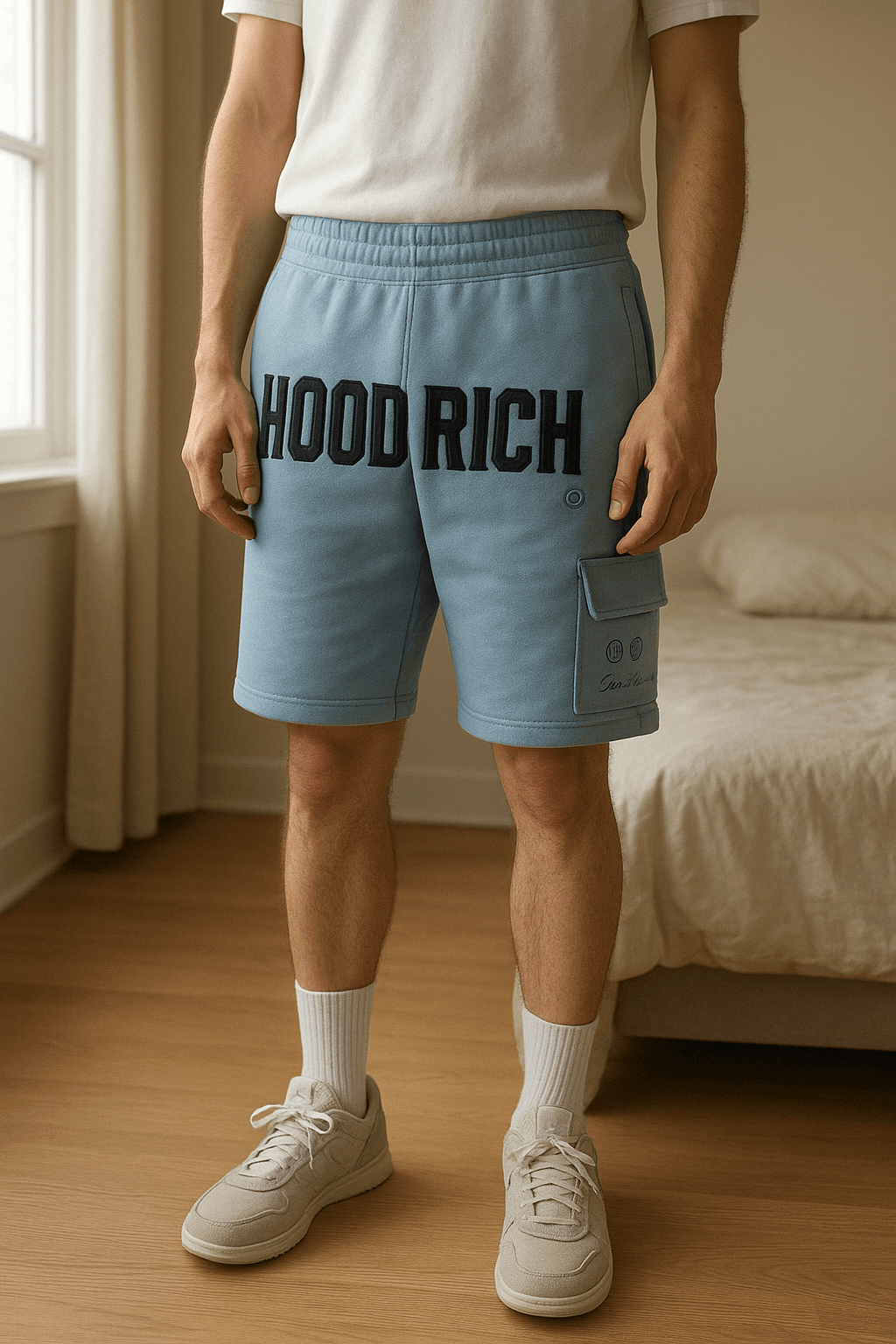Pantalón corto, Hoodrich de pie, mirando a la cámara, en un dormitorio con luz suave y natural filtrándose por la ventana.