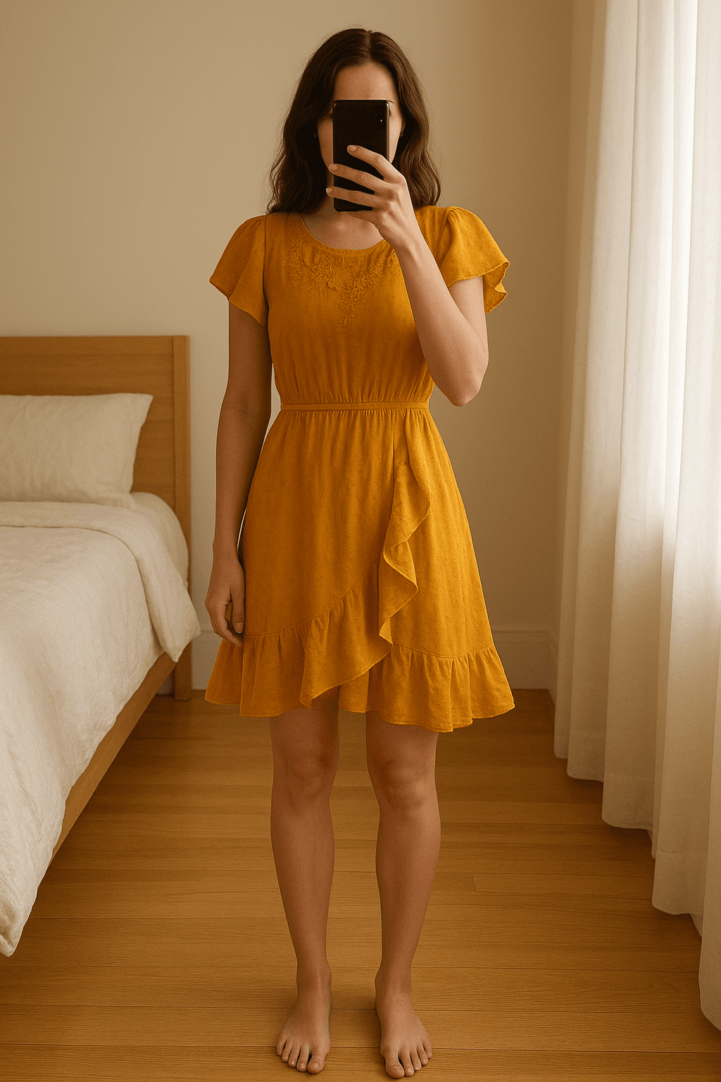 Vestido corto volante de pie, mirando a la cámara, en un dormitorio con luz suave y natural filtrándose por la ventana.