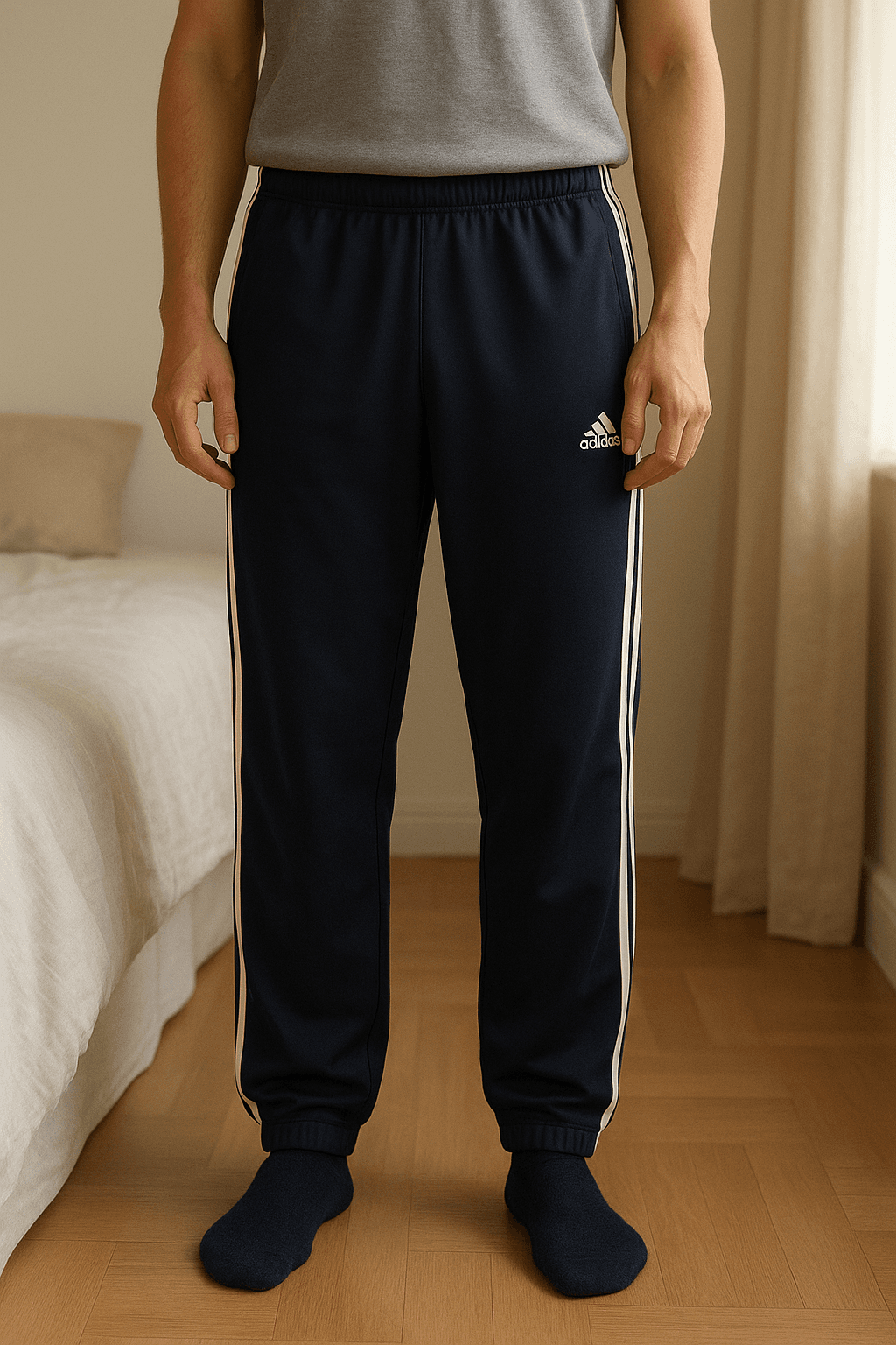 Pantalón de chandal Adidas de pie, mirando a la cámara, en un dormitorio con luz suave y natural filtrándose por la ventana.