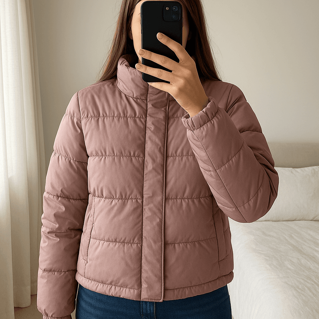 📣Plumón Pinko, nuevo de pie, mirando a la cámara, en un dormitorio con luz suave y natural filtrándose por la ventana.