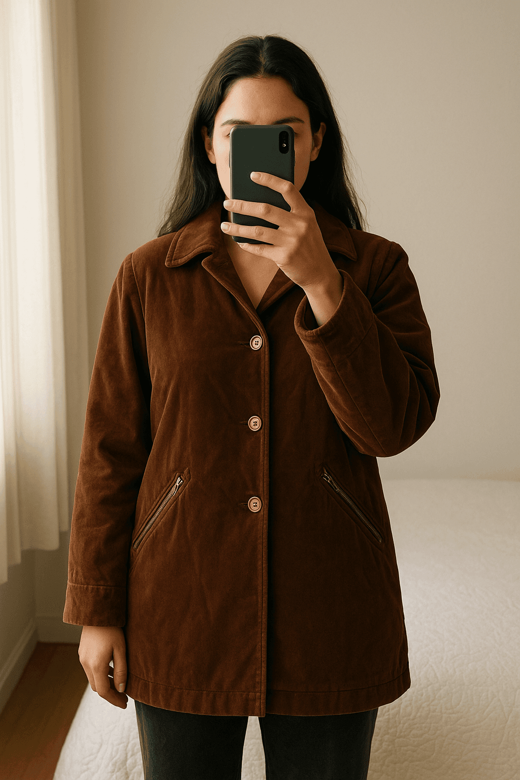 Vintage Casaco Parka Veludo em pé, de frente para a câmera, em um quarto com iluminação suave e luz natural filtrando pela janela.