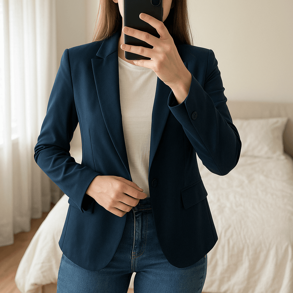 Una persona con Blazers azul marino entretiempo Stradivarius de pie, mirando a la cámara, en un dormitorio con luz suave y natural filtrándose por la ventana.