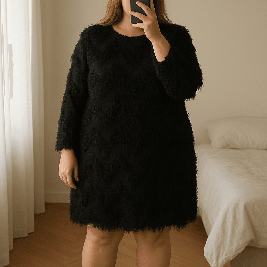 Una persona con Vestido fiesta cocoa by dolfo y Lilo Sevilla de pie, mirando a la cámara, con tipo de cuerpo algo más curvilíneo, en un dormitorio con luz suave y natural filtrándose por la ventana.