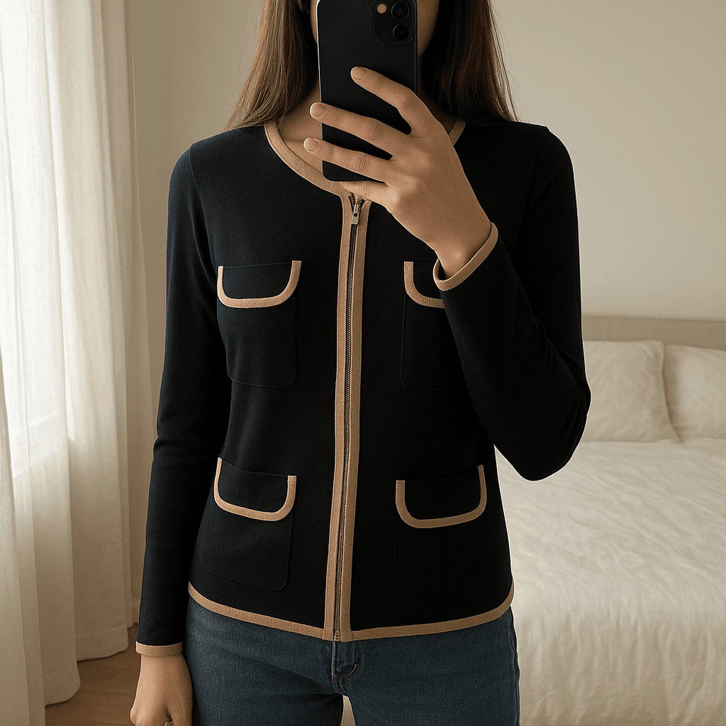 Casaco da Cortefiel em pé, de frente para a câmera, em um quarto com iluminação suave e luz natural filtrando pela janela.