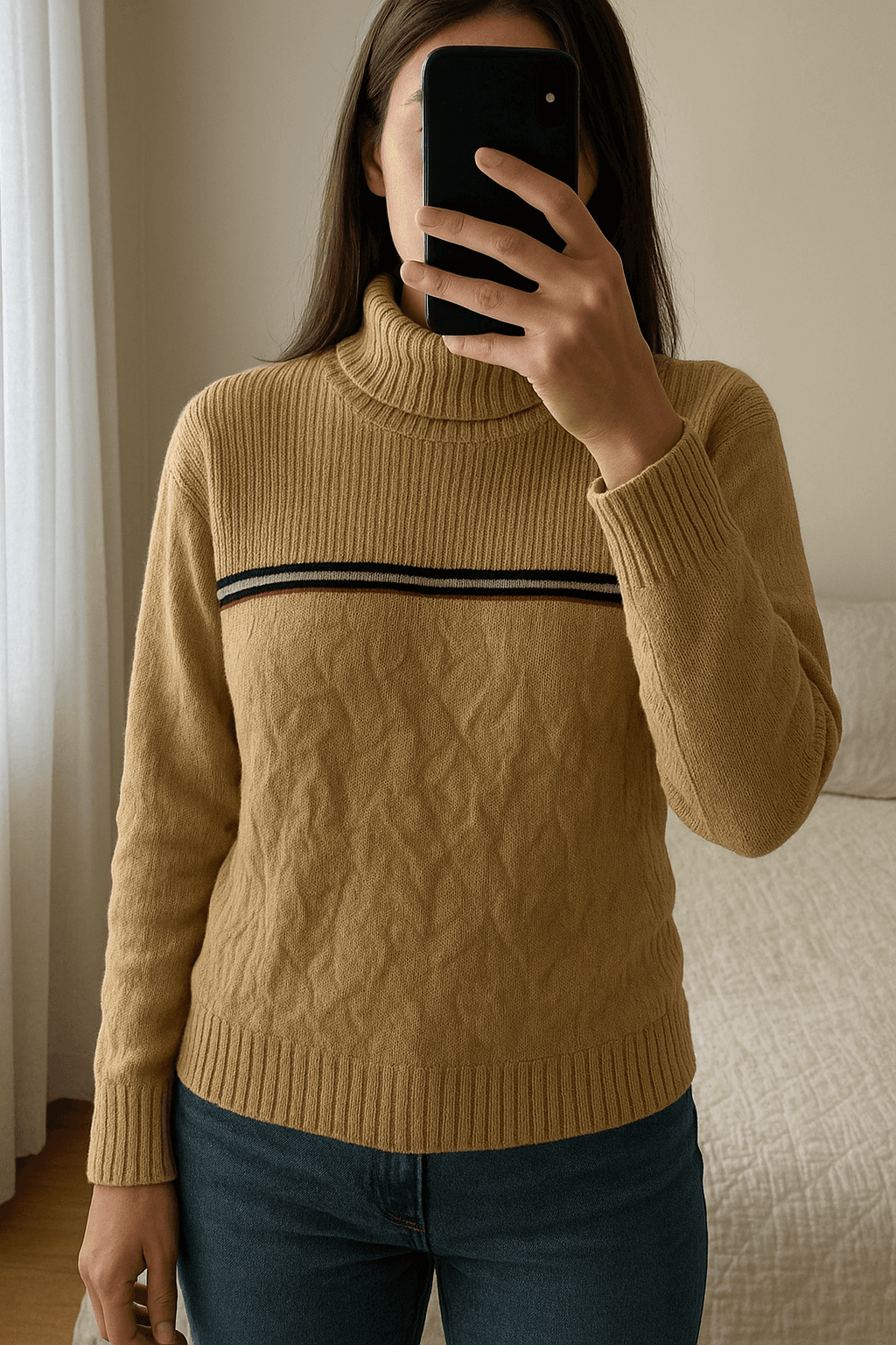 Tommy Hilfiger turtleneck jumper de pie, mirando a la cámara, en un dormitorio con luz suave y natural filtrándose por la ventana.