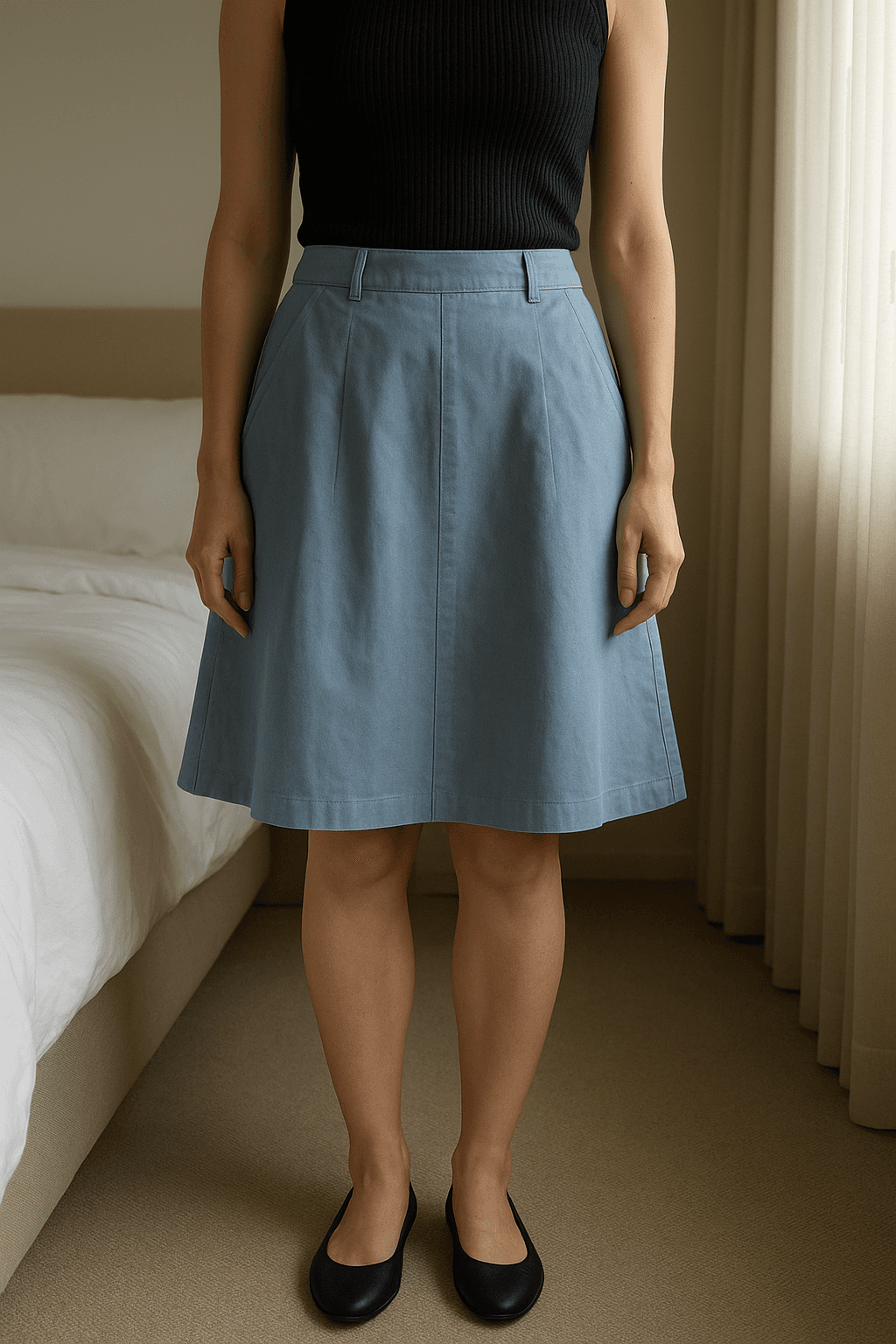 2er-Set Röcke | Gr. L | Y2K / Japanstyle / Old Money aufrecht stehend, der Kamera zugewandt, in einem sanft beleuchteten Schlafzimmer, mit natürlichem Licht, das durch ein Fenster fällt.