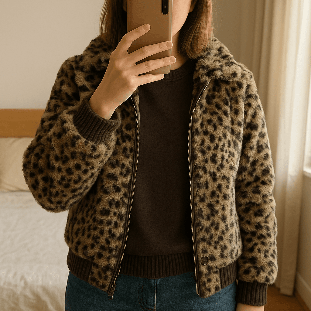 Casaco da zara em pé, de frente para a câmera, em um quarto com iluminação suave e luz natural filtrando pela janela.