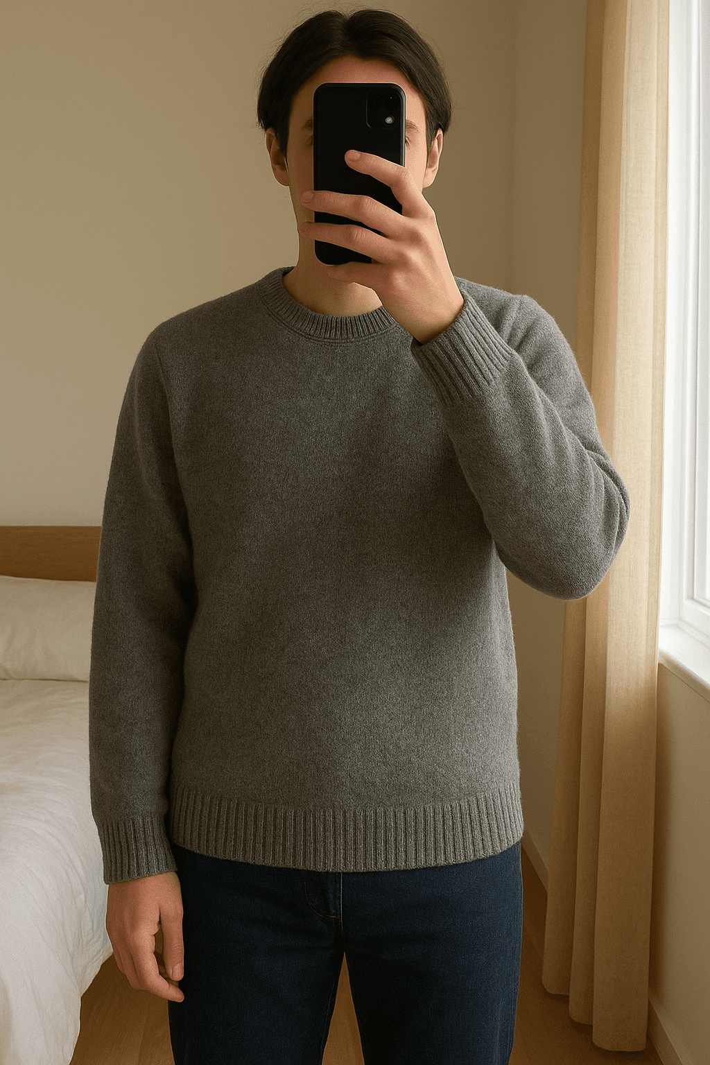 Grey Knit Sweater (XS) aufrecht stehend, der Kamera zugewandt, in einem sanft beleuchteten Schlafzimmer, mit natürlichem Licht, das durch ein Fenster fällt.