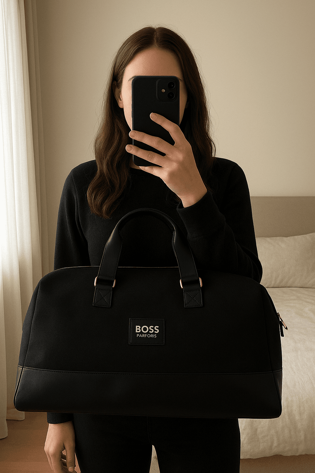 Mala Boss em pé, de frente para a câmera, em um quarto com iluminação suave e luz natural filtrando pela janela.