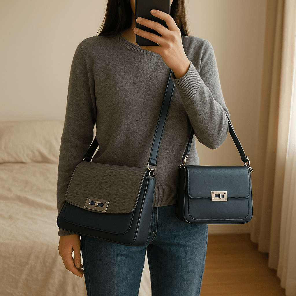 Mala vilanova cinza de senhora em pé, de frente para a câmera, em um quarto com iluminação suave e luz natural filtrando pela janela.