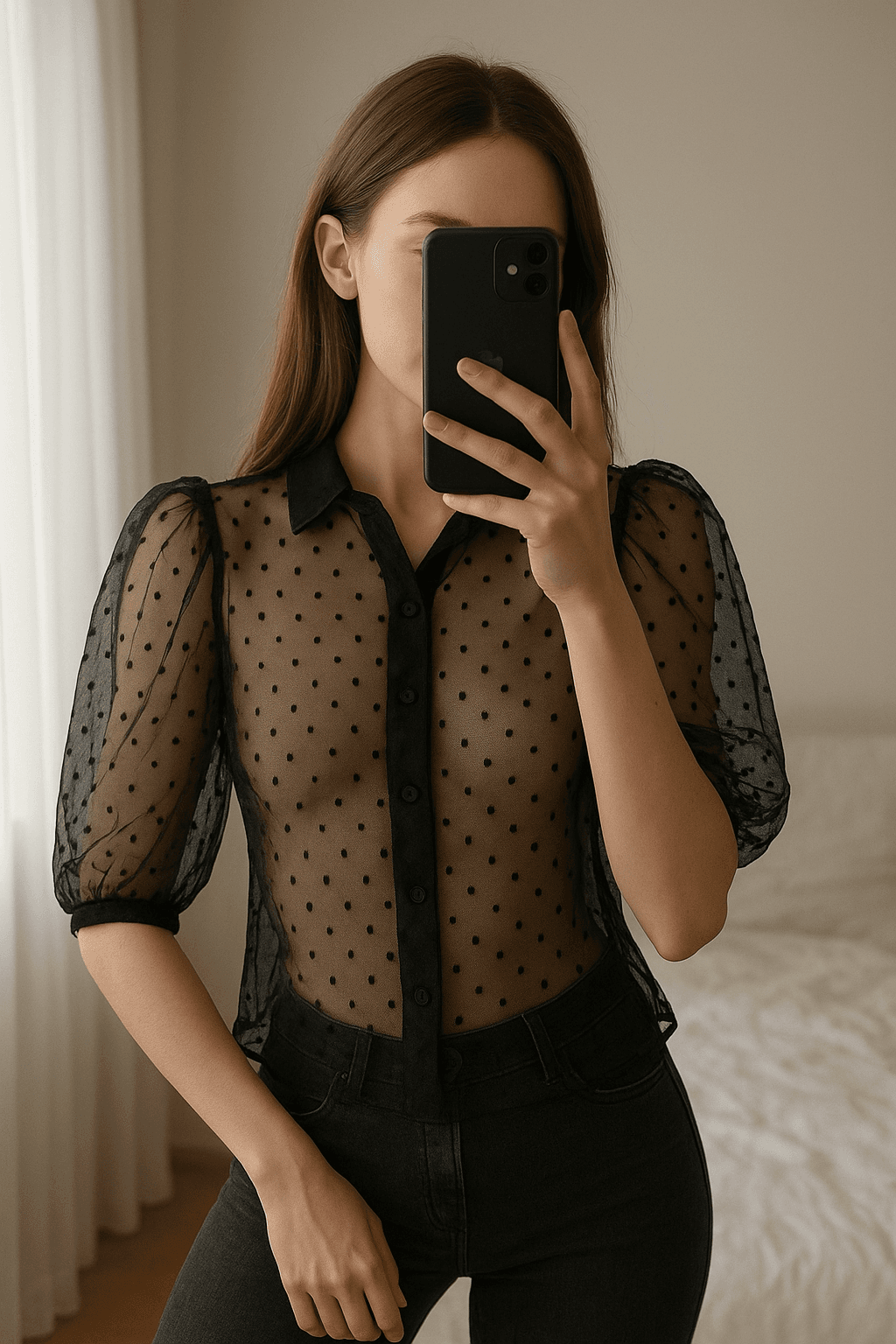 Una persona con Camisa topitos organza Stradivarius arqueando ligeramente la espalda para una pose dinámica, con tipo de cuerpo delgado, en un dormitorio con luz suave y natural filtrándose por la ventana.