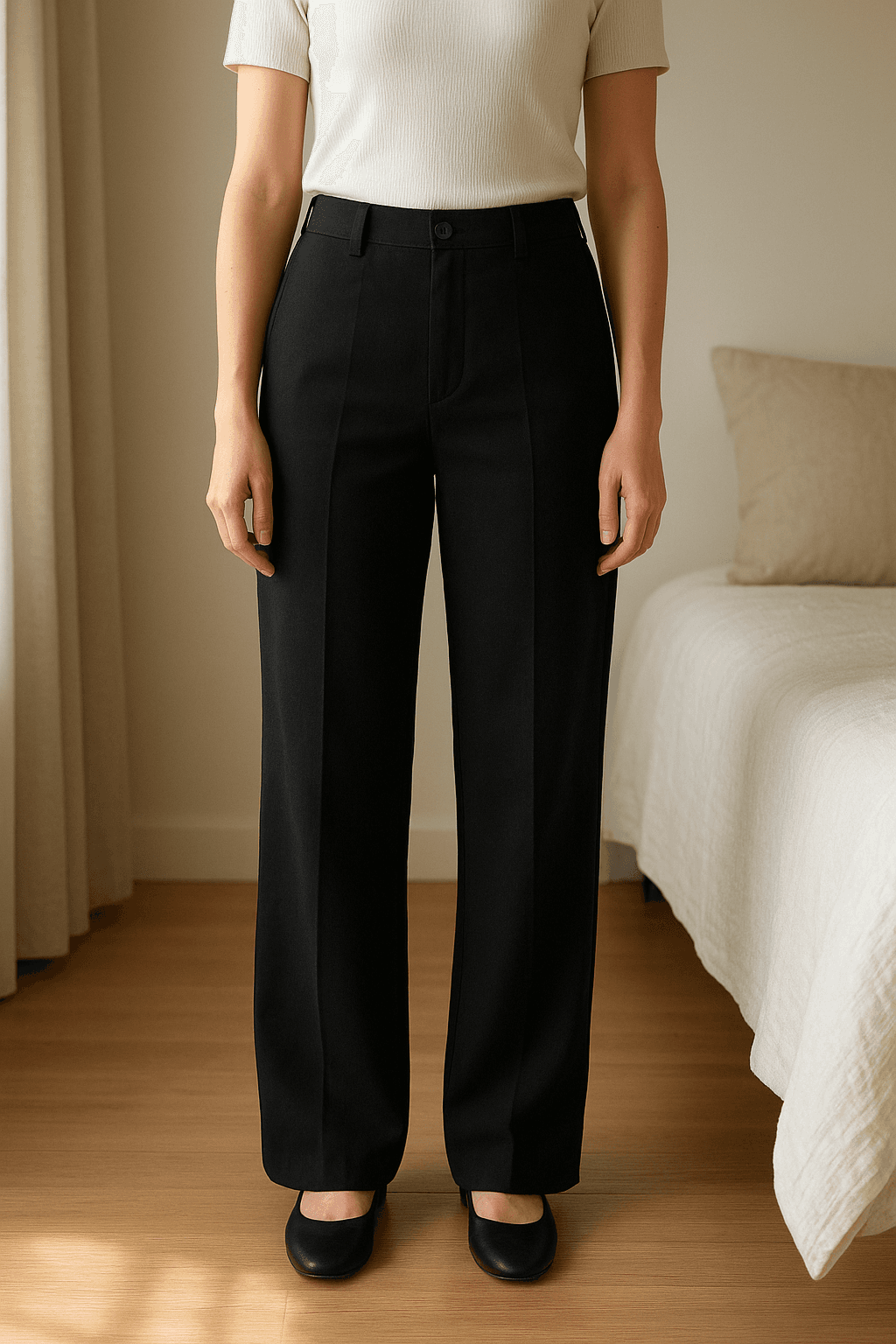 Pantalon tailleur de pie, mirando a la cámara, en un dormitorio con luz suave y natural filtrándose por la ventana.
