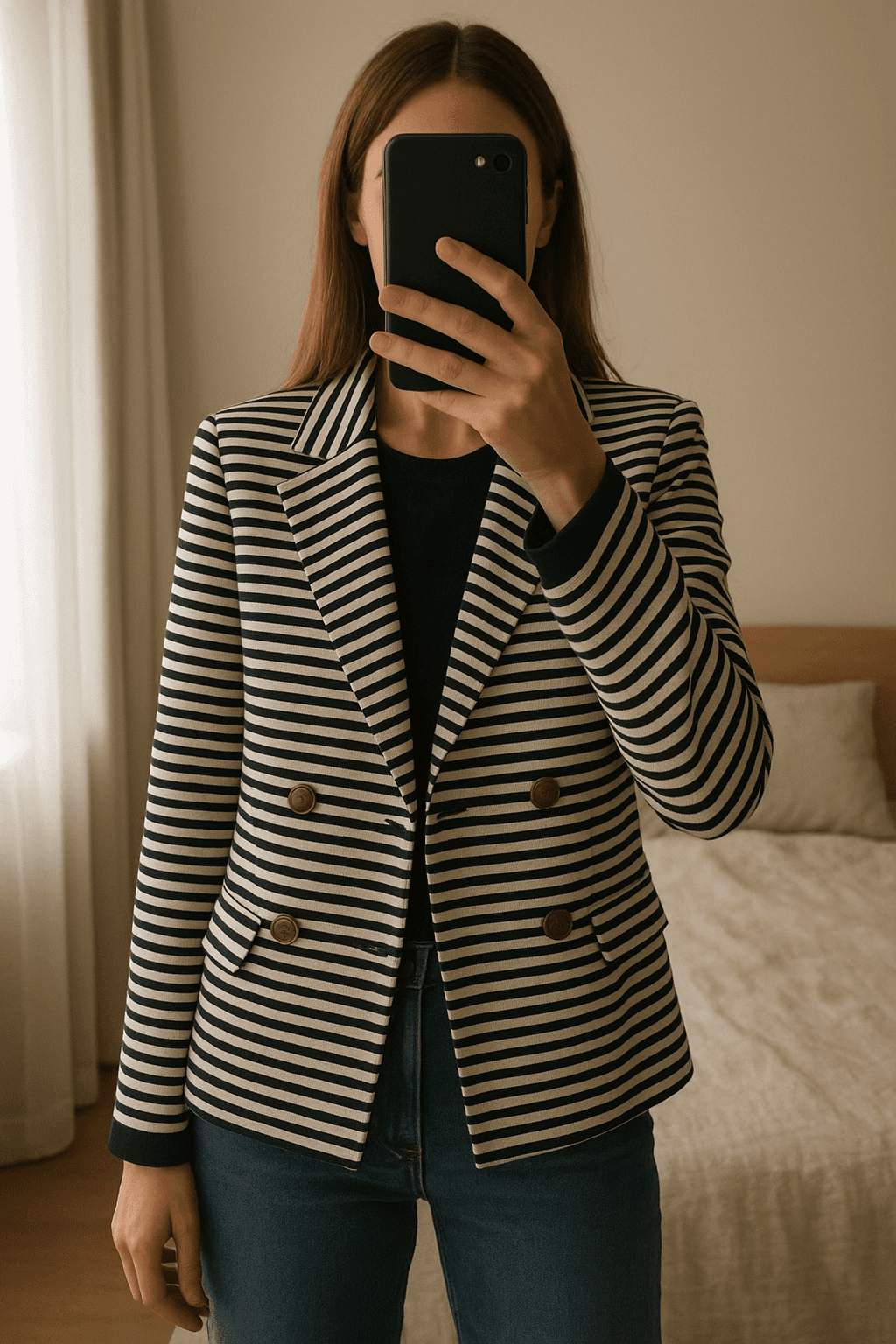 Blazer casual Sfera tS de pie, mirando a la cámara, en un dormitorio con luz suave y natural filtrándose por la ventana.