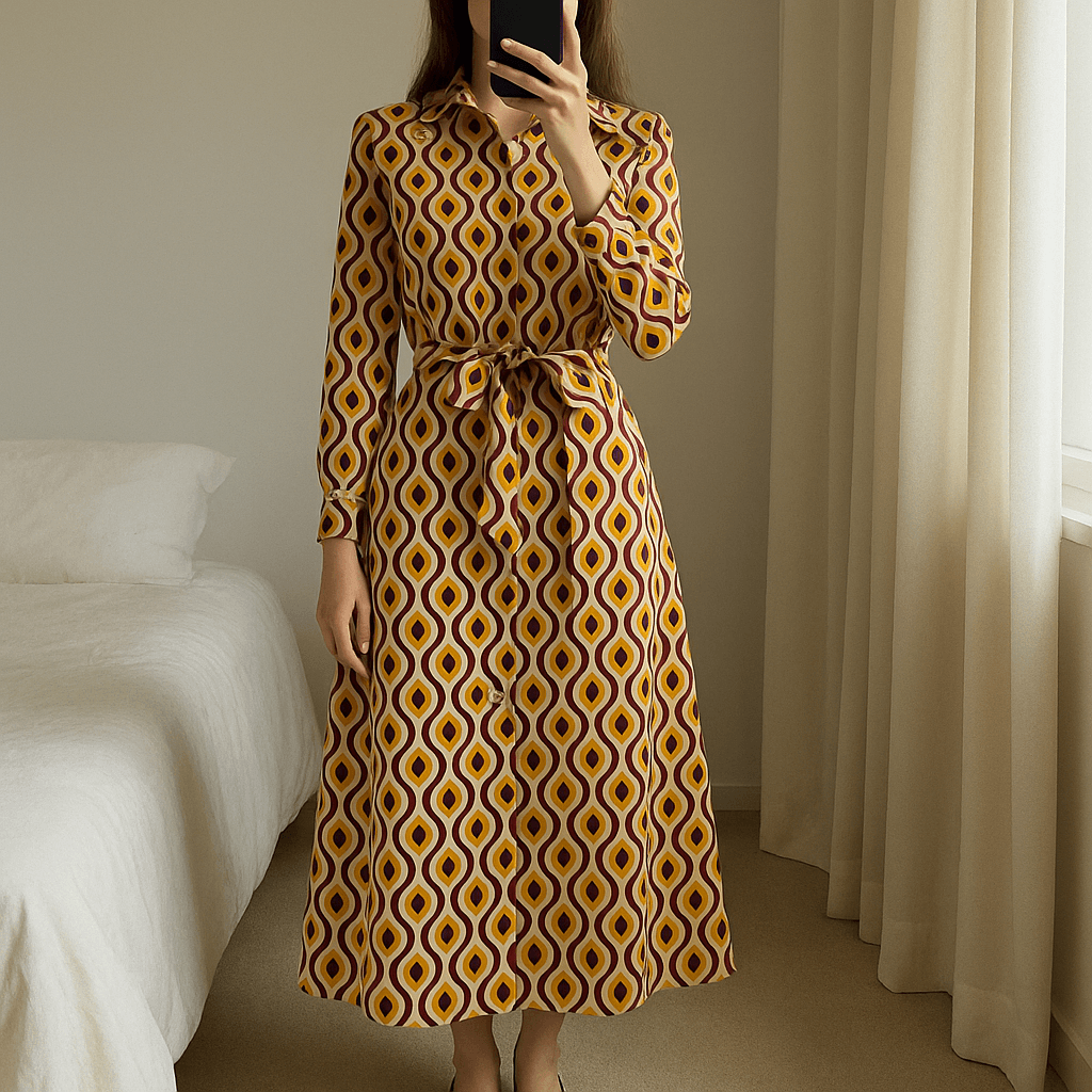 Vestido estampado mango de pie, mirando a la cámara, en un dormitorio con luz suave y natural filtrándose por la ventana.