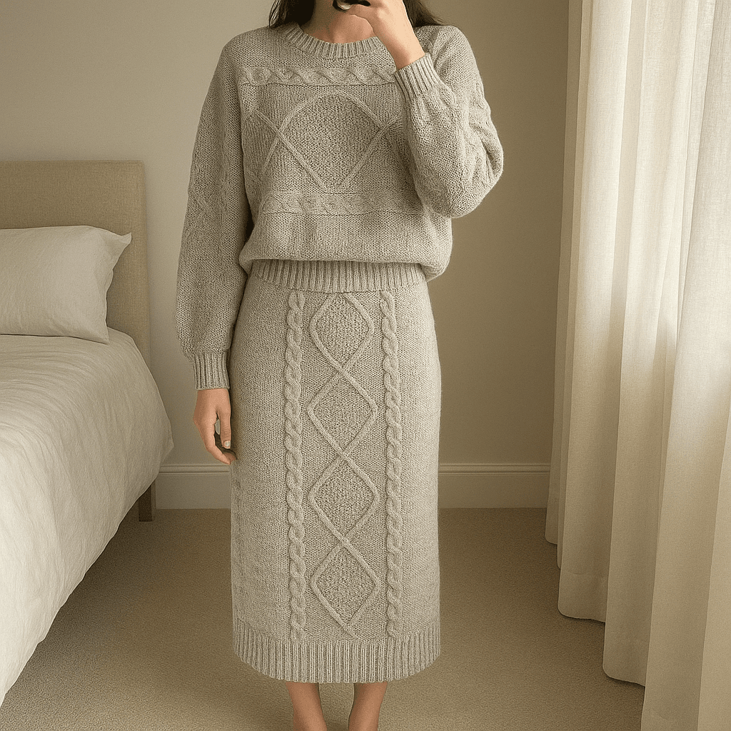 Una persona con Conjunto de lana con falda gris de pie, mirando a la cámara, con tipo de cuerpo delgado, en un dormitorio con luz suave y natural filtrándose por la ventana.