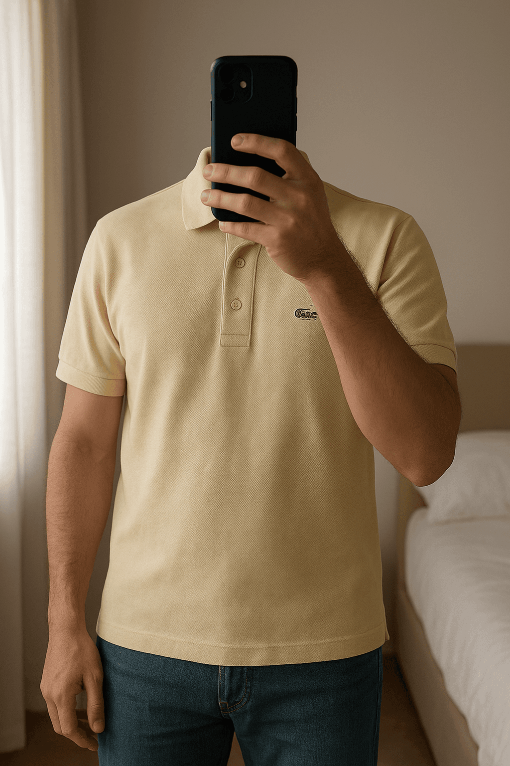 Polo Lacoste Amarelo Claro - Tamanho M (42) em pé, de frente para a câmera, em um quarto com iluminação suave e luz natural filtrando pela janela.