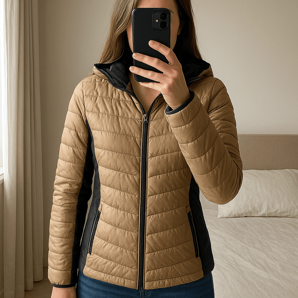 Blusão de penas da Mango em pé, de frente para a câmera, em um quarto com iluminação suave e luz natural filtrando pela janela.