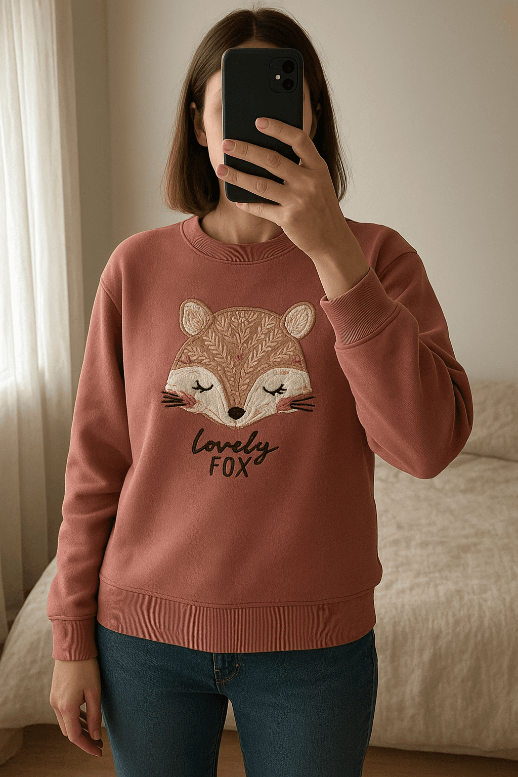 Süßer Fuchs Pulli C&A Größe 62 aufrecht stehend, der Kamera zugewandt, in einem sanft beleuchteten Schlafzimmer, mit natürlichem Licht, das durch ein Fenster fällt.